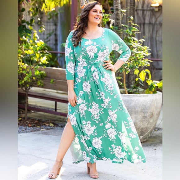 Kiyonna Maya Maxi Dress - Green & White Floral Print. Soft and Stretchy. Size 4X - Picture 2 of 15